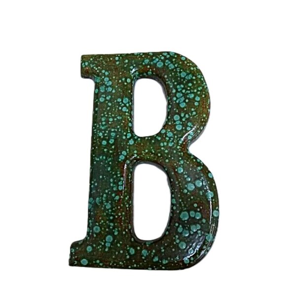 Vintage Ceramic Initial B Retro 70s Pottery Wall Decor Green Mottled Glaze - Picture 1 of 10